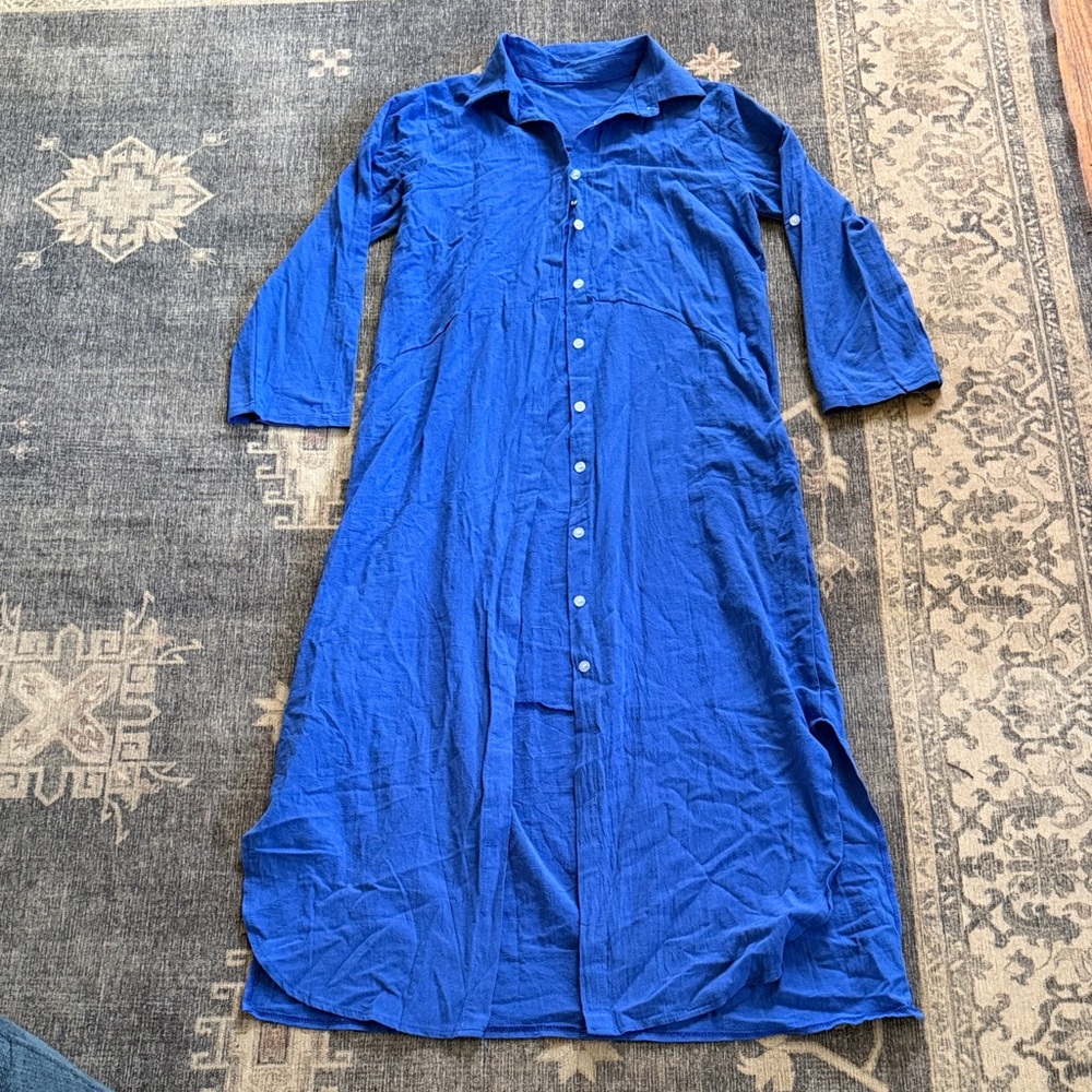 Blue Button-Front Maxi Shirt Dress Medium